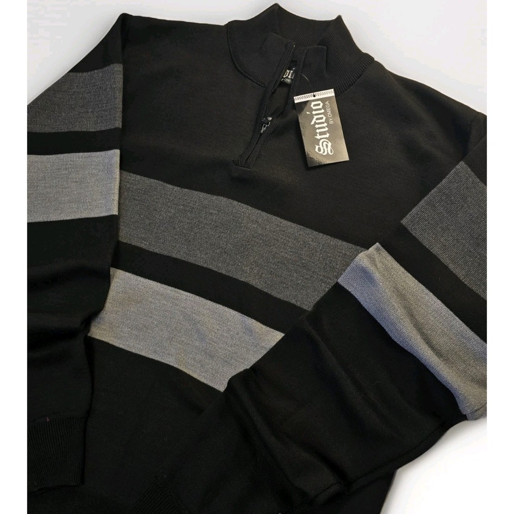 Studio By Omega Sweater Mens L Black Gray Pattern 1/4 Zip Knit Casual NWT - Picture 2 of 8